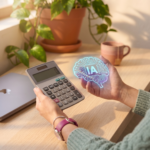 AdminProof Sosteniendo calculadora y IA