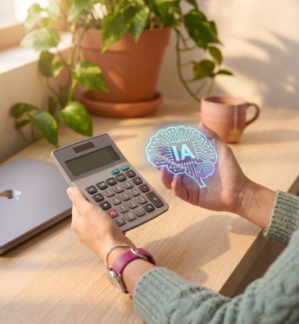 AdminProof Sosteniendo calculadora y IA