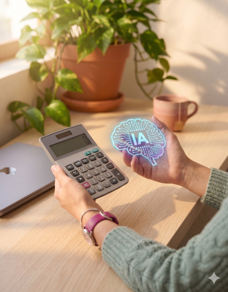 AdminProof Sosteniendo calculadora y IA